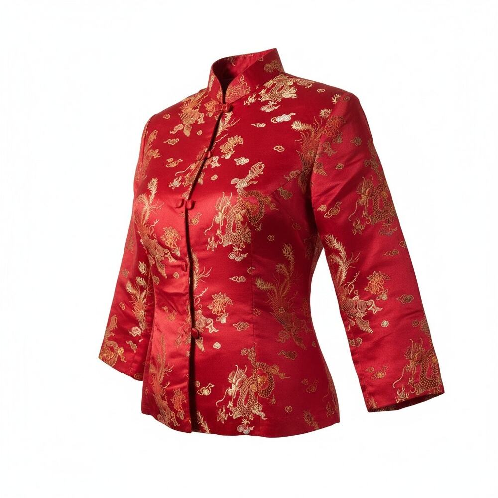 Vintage Clio Red Gold Dragon Phoenix Satin Tang Jacket M